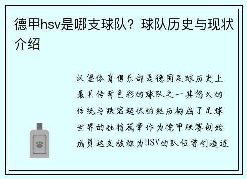 德甲hsv是哪支球队？球队历史与现状介绍